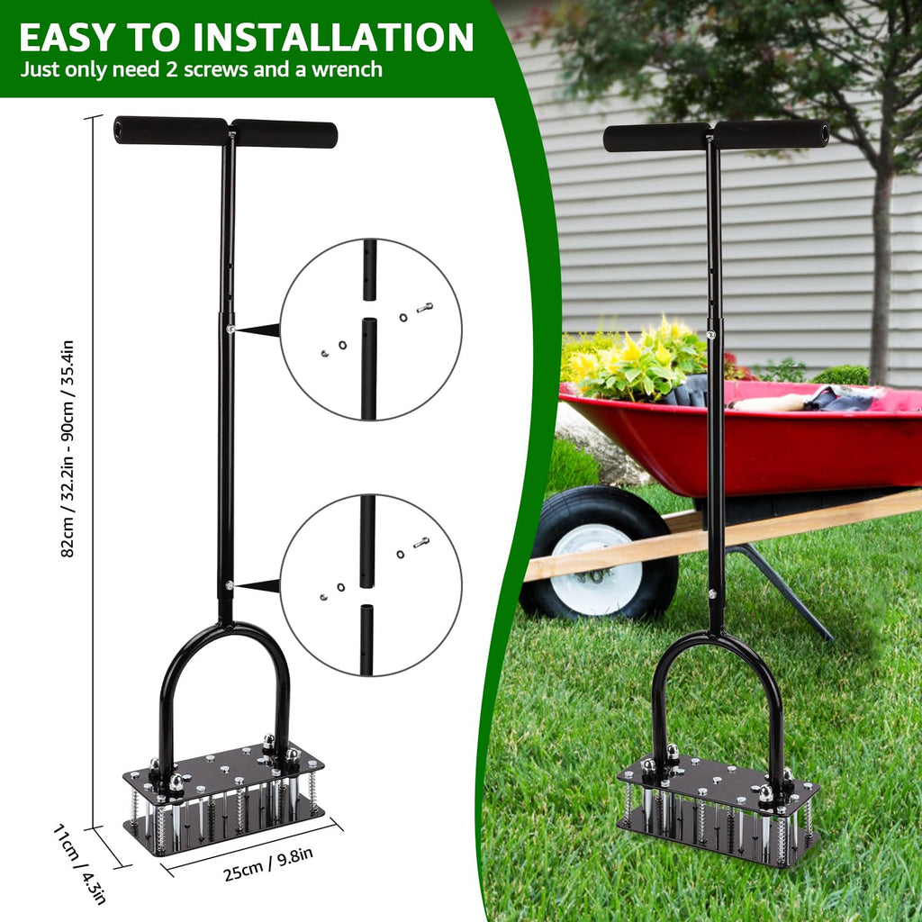 RIFPOD Lawn Aerator, Automatic Dirt and Leaf Clean Design, Heavy Duty Manual Lawn Aerator Tool with 15 Iron Spikes, Height Adjustable, Yard Grass Aerator for Lawn(Black)