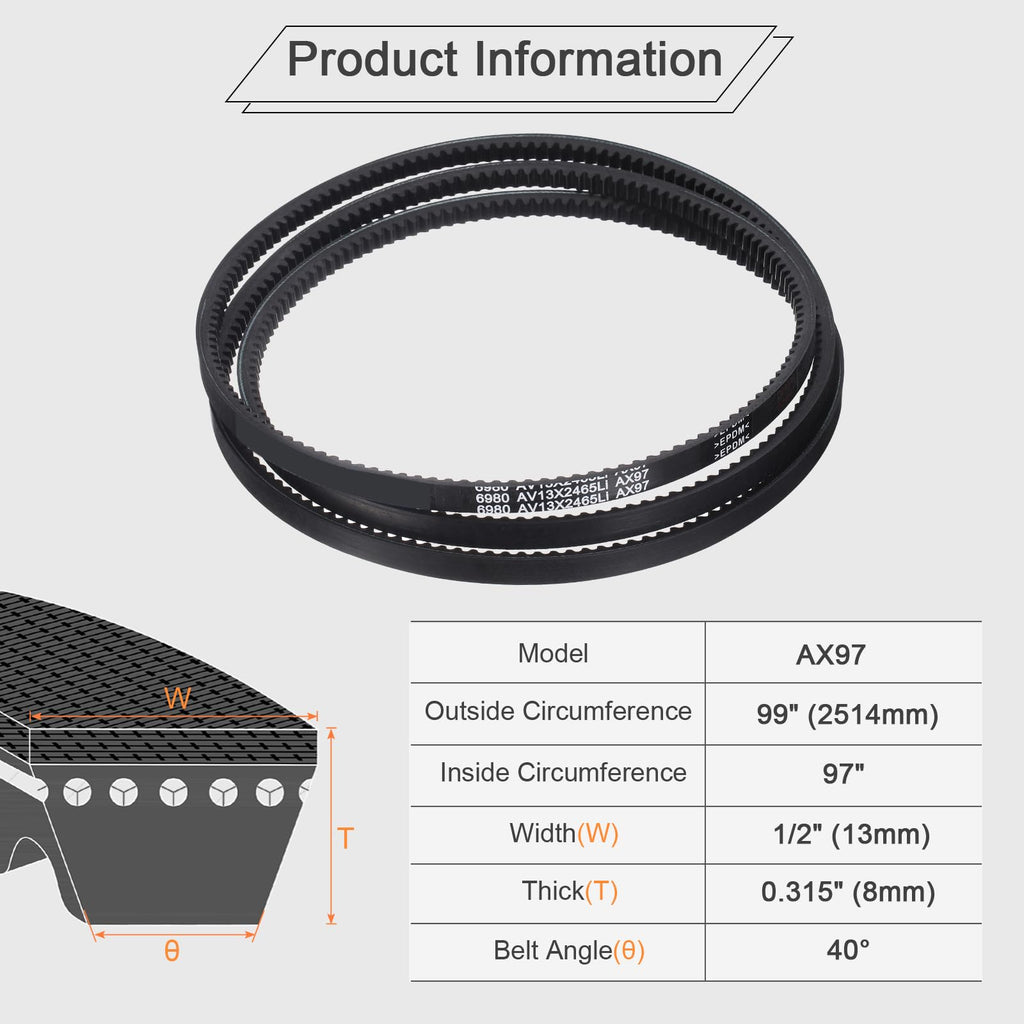uxcell 2Pcs AX97 EPDM V-Belt, Raw Edge Cogged Industrial Rubber V Belt 1/2" Width x 99" Outer Circumference