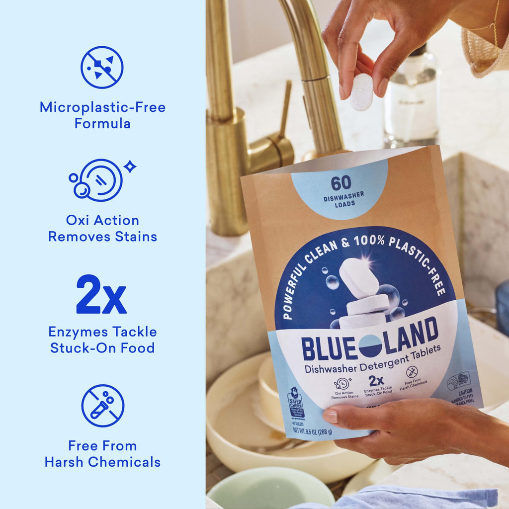 BLUELAND 100% Plastic-Free Dishwasher Detergent Tablets, 36 Count, Free & Clear, Eco-Friendly Dishwashing Pods, Natural, USDA Certified biobased