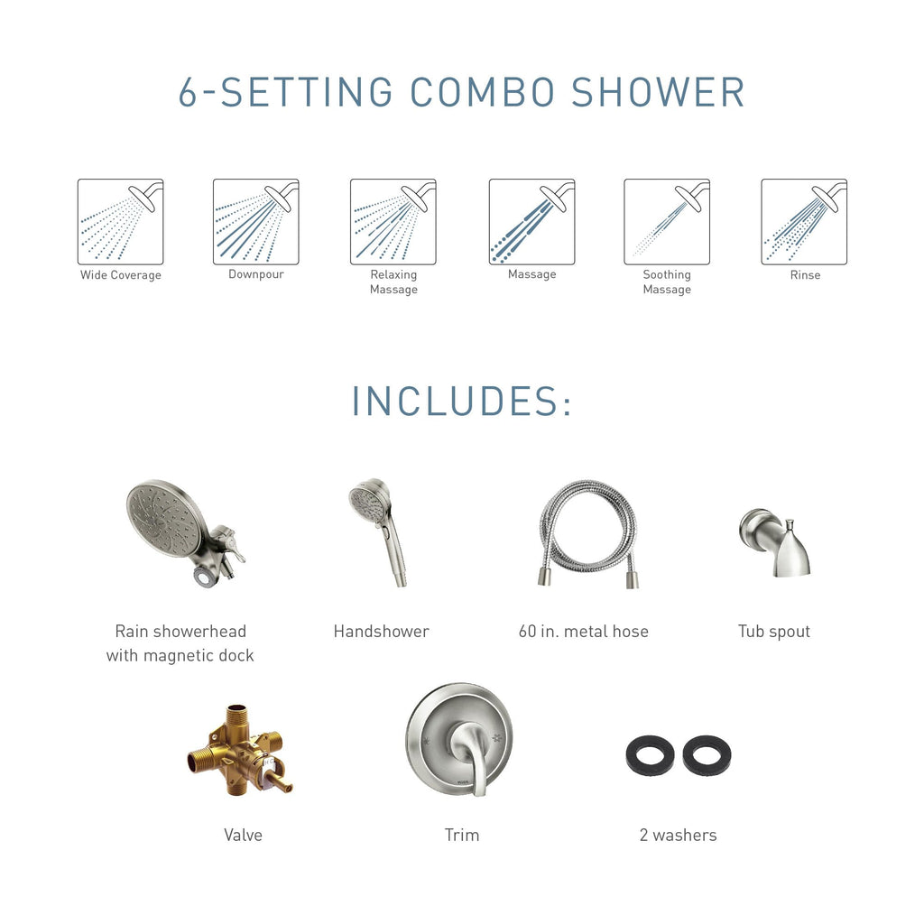 Moen Engage Magnetix Matte Black Multi-Function Handshower and Rainfall Shower Head Trim Combo with Shower Handle, Tub Spout, Metal Hose, and Valve, 82304BL