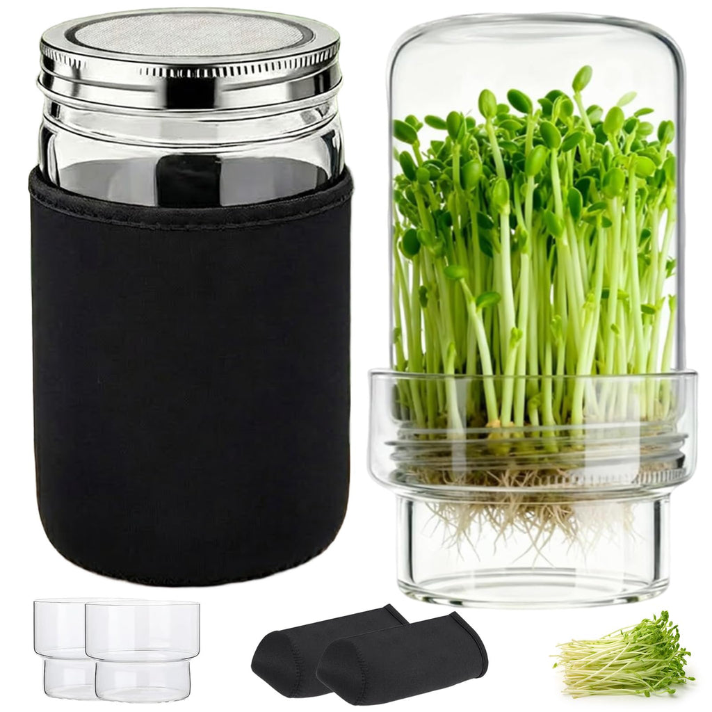 DWETG Sprouting Jar Kit, 2 Pack Wide Mouth Mason Jar Sprouter with Stainless Stee Screen Lids & Mess-Free Drip Covers Complete Indoor Microgreens Growing Kit Broccoli Alfalfa Gardening Gift