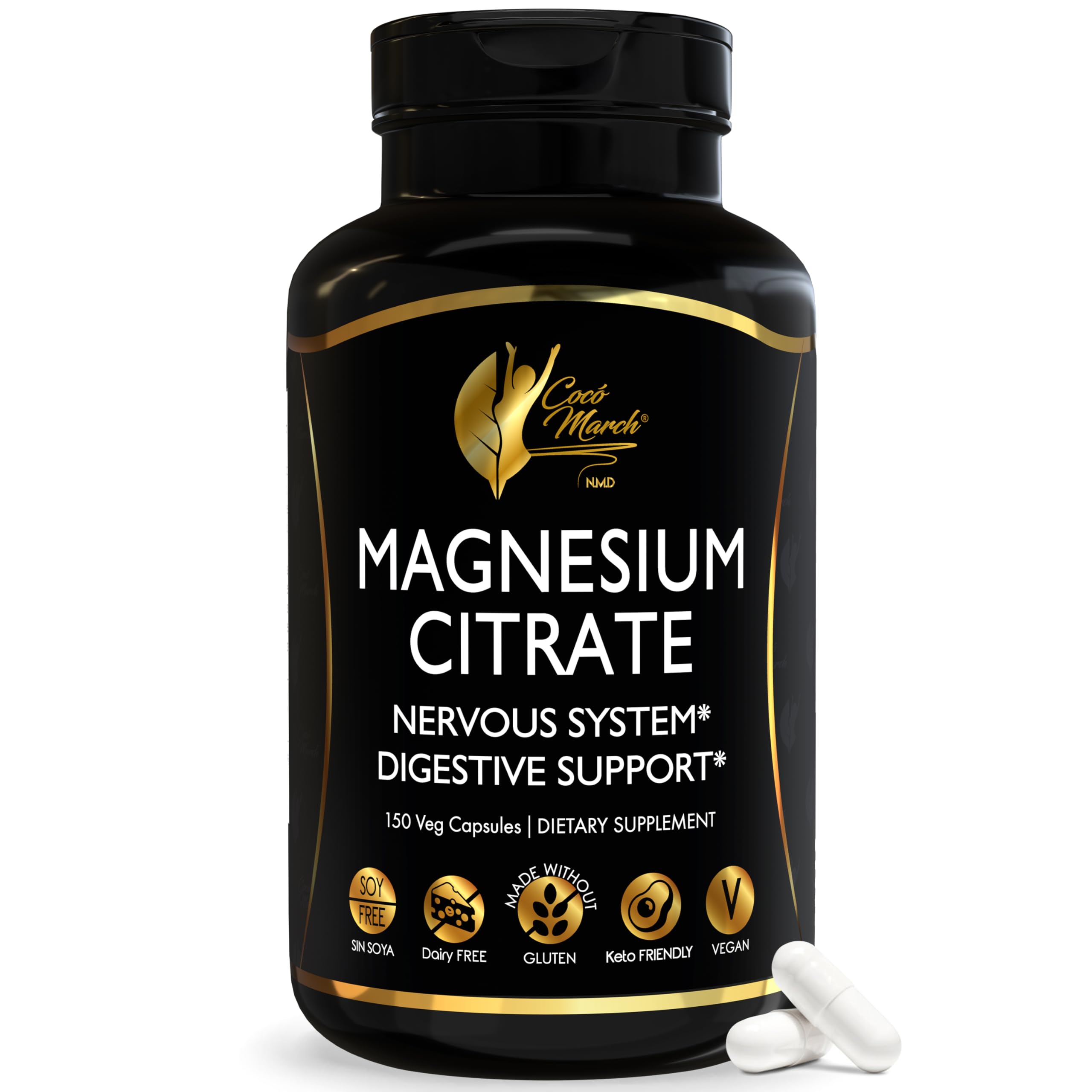 Cocó March N.M.D Magnesium Citrate 500mg per Serving, Gluten Free, Supports Sleep, Digestive Health, Muscle Function & Relaxation, High Absorption, Non-GMO, 150 Capsules