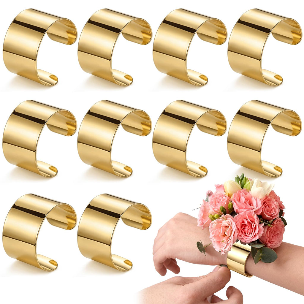 Liliaafar Gold 10 Pcs Corsage Wristlet Bracelet Bands for Women Cuff Bangle Bracelet Wrist Corsage DIY Wedding Wristband Wide Open Adjustable Accessory for Wedding Bridal Party Prom (Cuff)