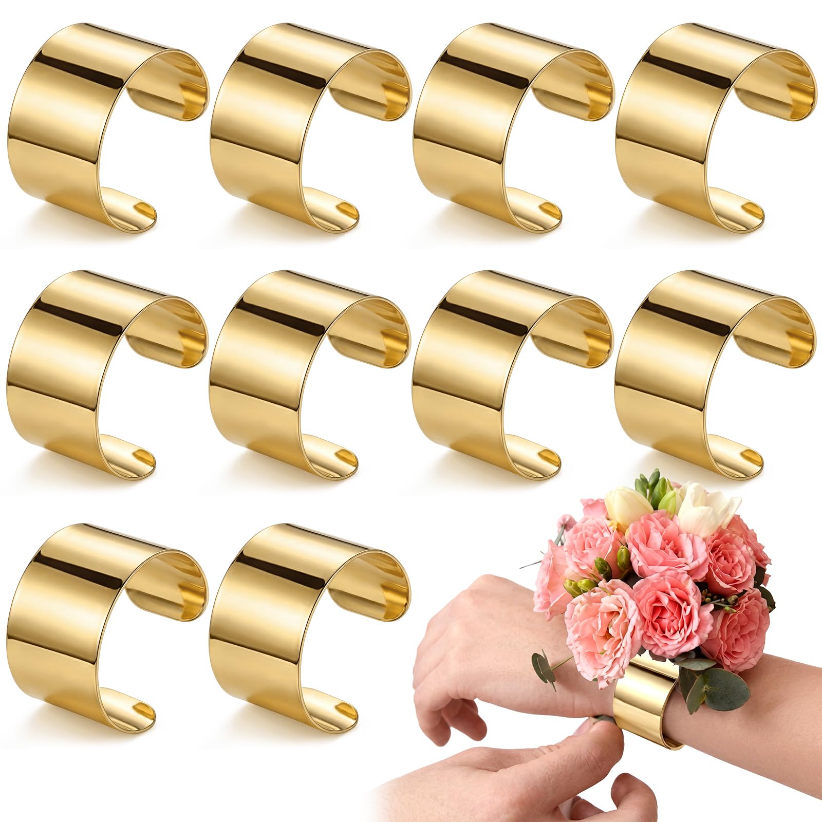Liliaafar Gold 10 Pcs Corsage Wristlet Bracelet Bands for Women Cuff Bangle Bracelet Wrist Corsage DIY Wedding Wristband Wide Open Adjustable Accessory for Wedding Bridal Party Prom (Cuff)