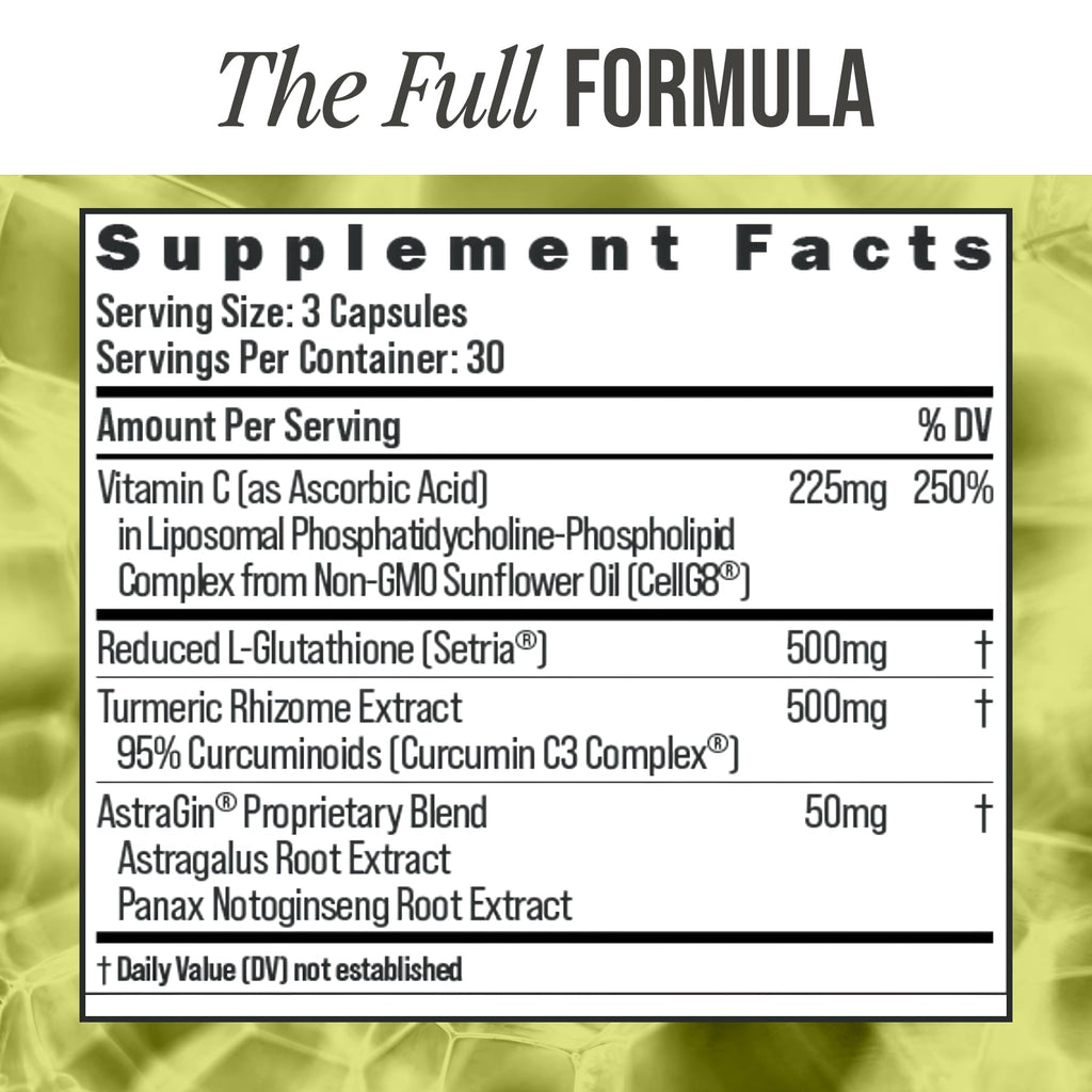 BIOSTACK Cell Shield with Setria Glutathione | Liposomal Supplement with Vitamin C, Turmeric, and C3 Curcumin Complex | Pure Reduced L-Glutathione 500mg