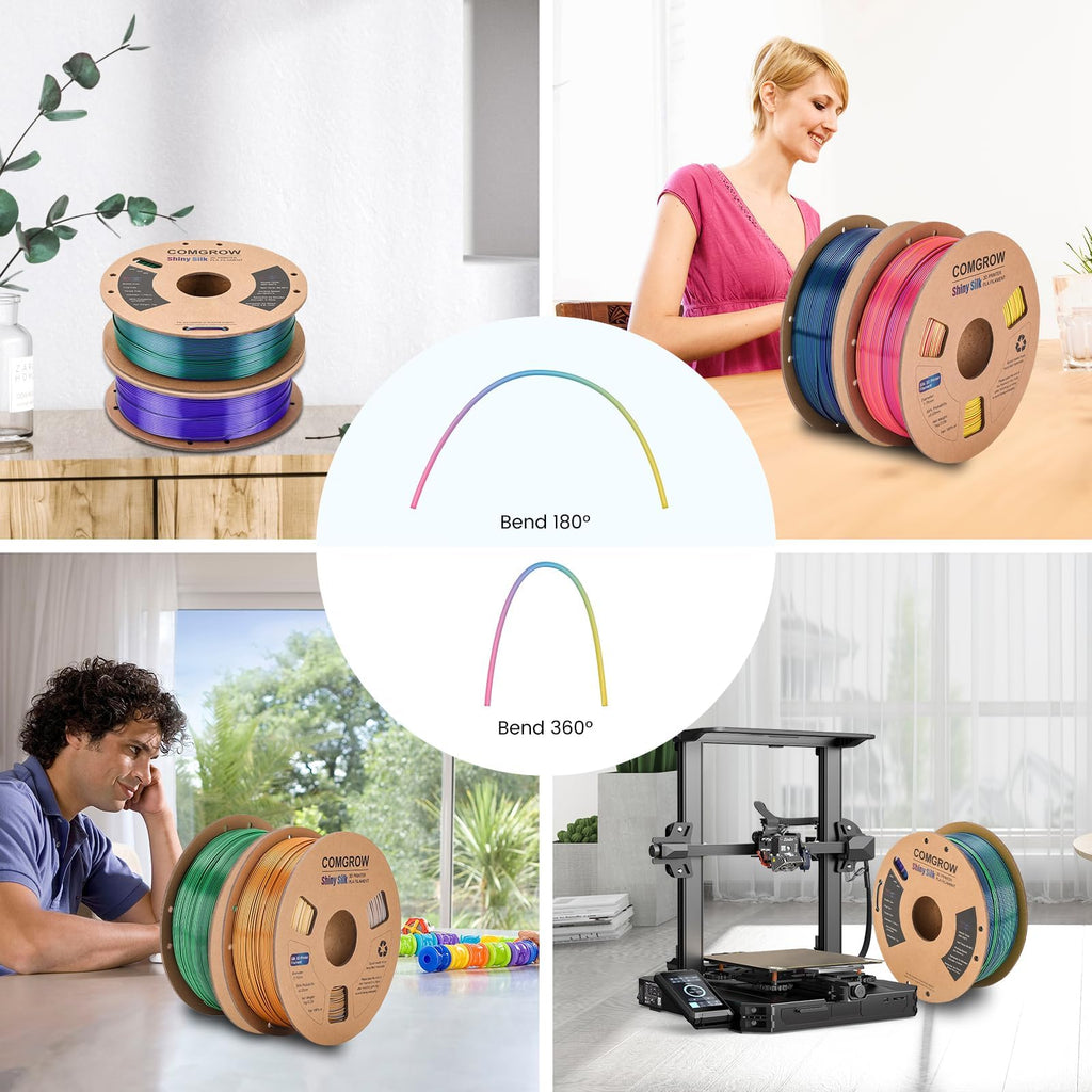 Comgrow Tri-Colors Silk PLA 3D Printer Filament, Rainbow PLA Filament 1.75mm, Dimensional Accuracy +/- 0.02 mm, 4KG Spool, Coextrusion 3D Filament with Shiny Silk
