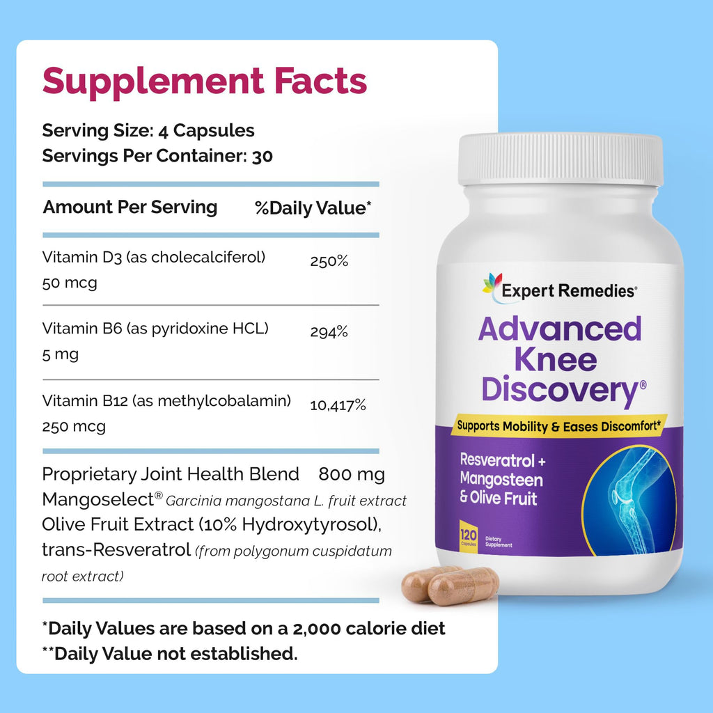 Advanced Knee Discovery Knee Joint Support Supplement, Outperforms Glucosamine Chondroitin with Fast Acting Blend of Mangoselect, Olive Fruit, Trans-Resveratrol, Non-GMO Knee Pain Blend, 120 Count