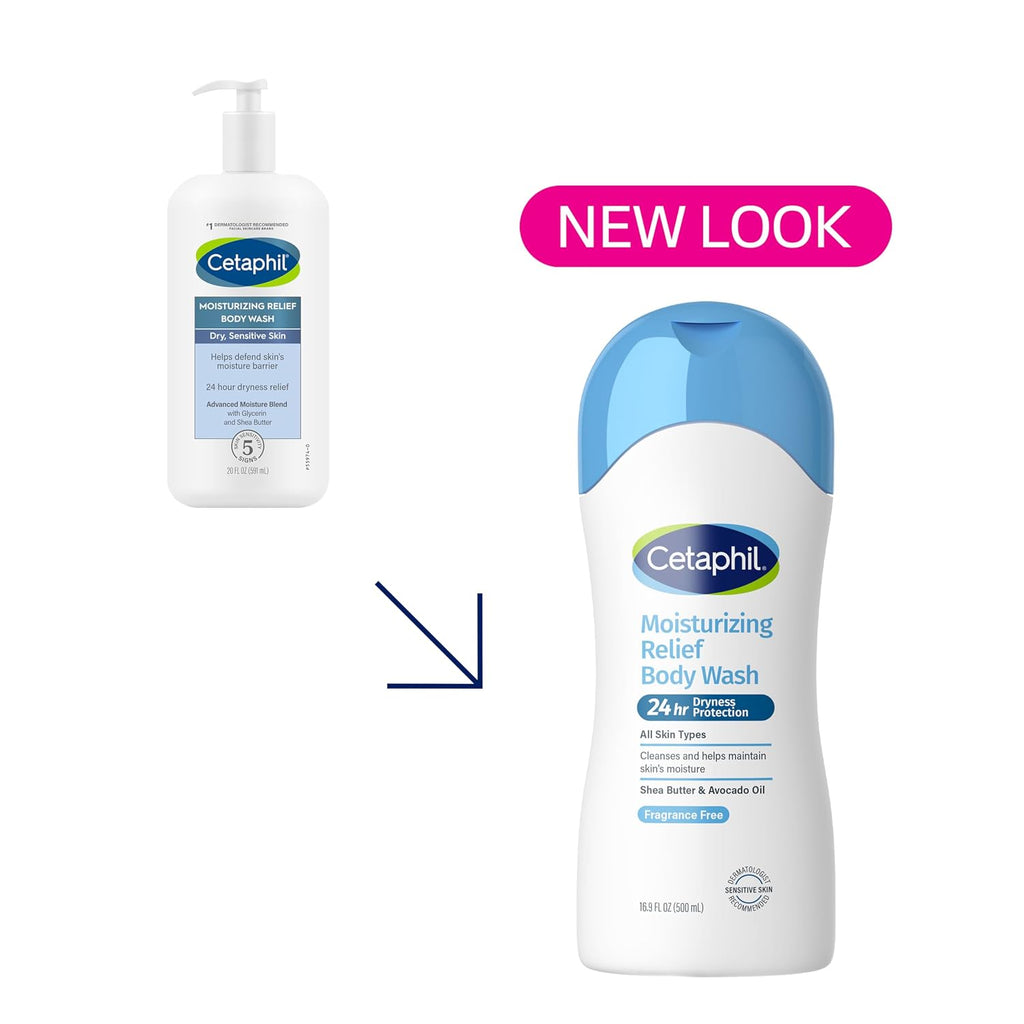 Cetaphil Body Wash, Moisturizing Relief Body Wash for Sensitive Skin, Creamy Rich Formula Gently Cleanses and Gives 24 Hour Relief to Dry Skin, Hypoallergenic, Fragrance Free, 20 oz