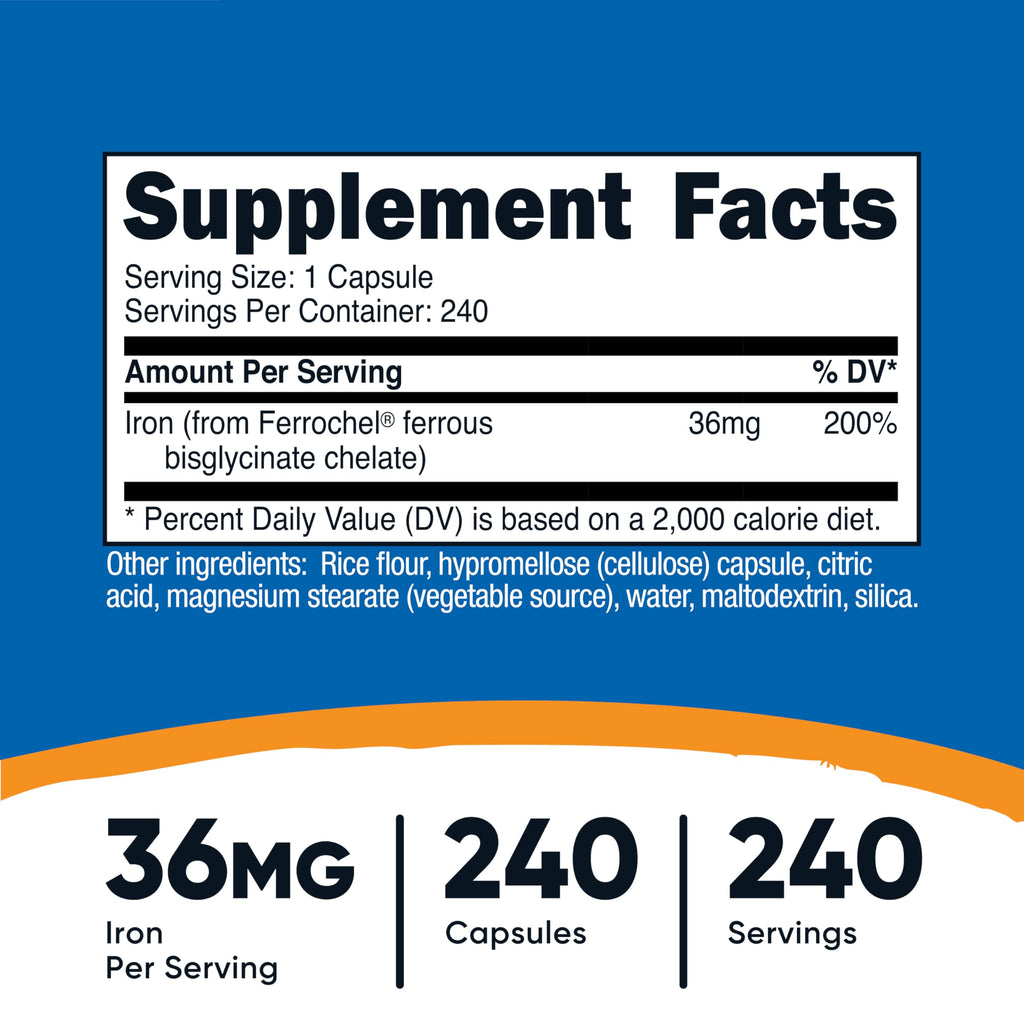 Nutricost Chelated Iron, As Ferrochel, 36mg, 240 Capsules (2 Bottles)