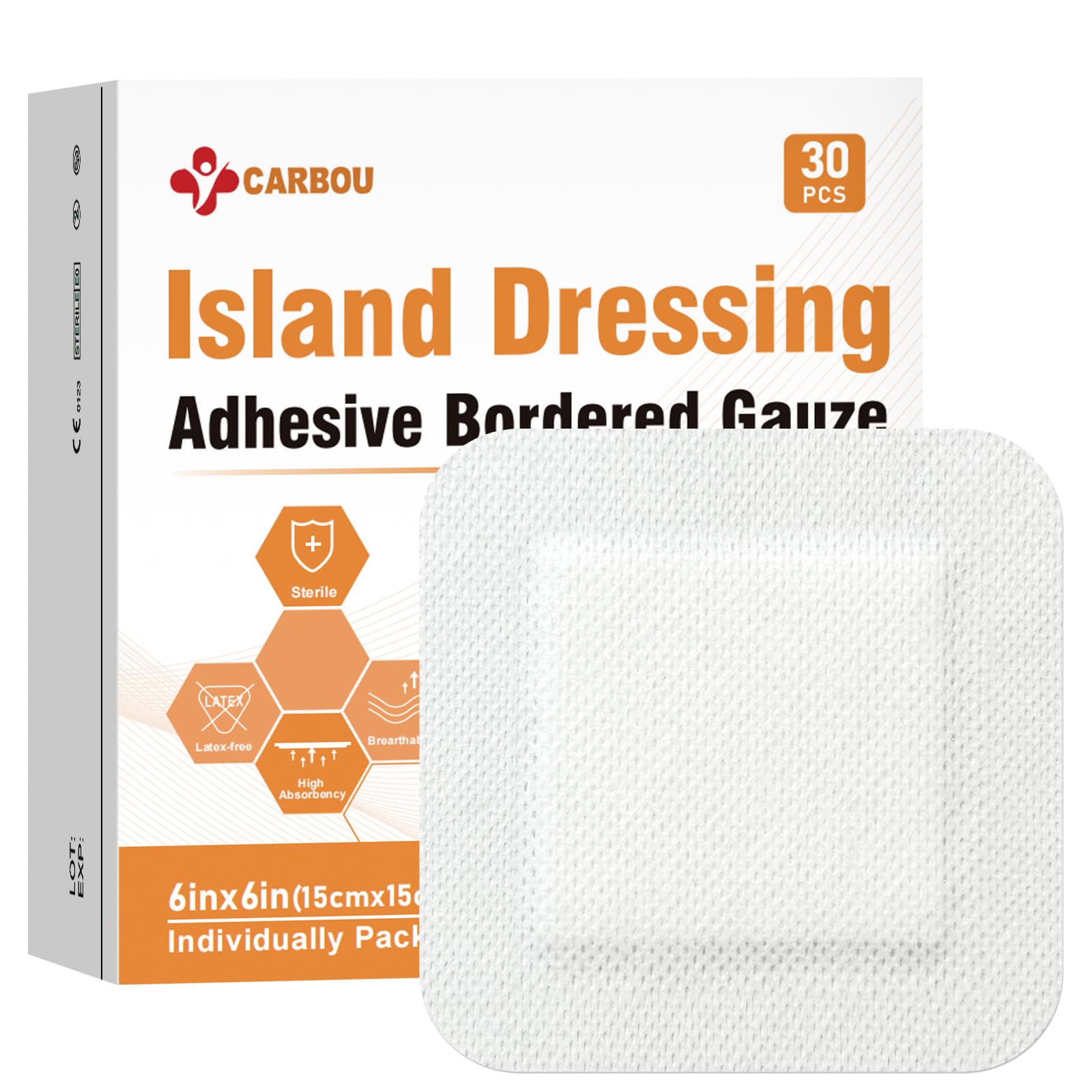 [6''x6''-30count] Carbou Island Dressing Bordered Gauze Sterile Individually Wrapped Gauze Pads,Highly Absorbent Adhesive Dressing Pad,Soft and Breathable Wound Dressing for Wound Care