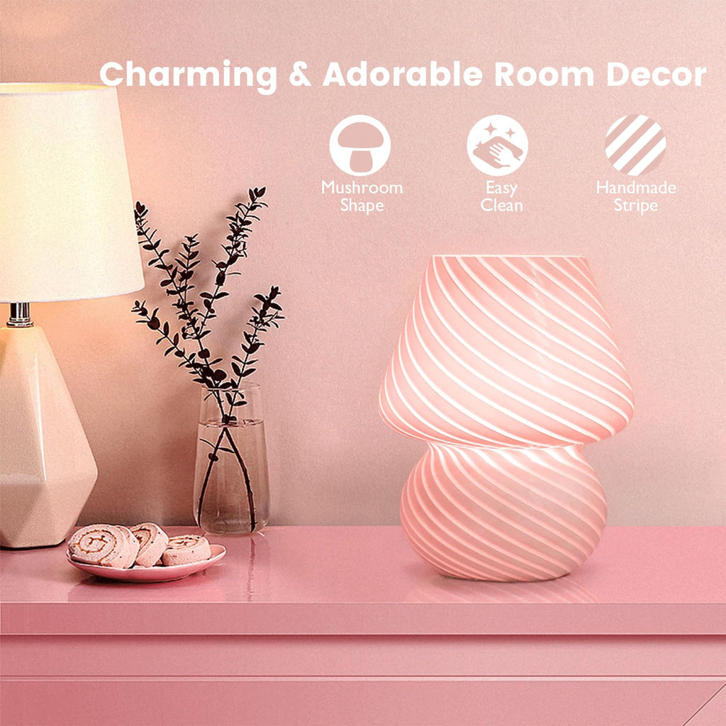 ULAROOM Dorm USB Plug-in Mushroom Lamp Small Bedside Table Lamp with 3 Temperature LED Bulb, Free Dimming Nights Light for Bedroom/Living Room/Entryway/Corner/Table Decor (Stripe Pink)