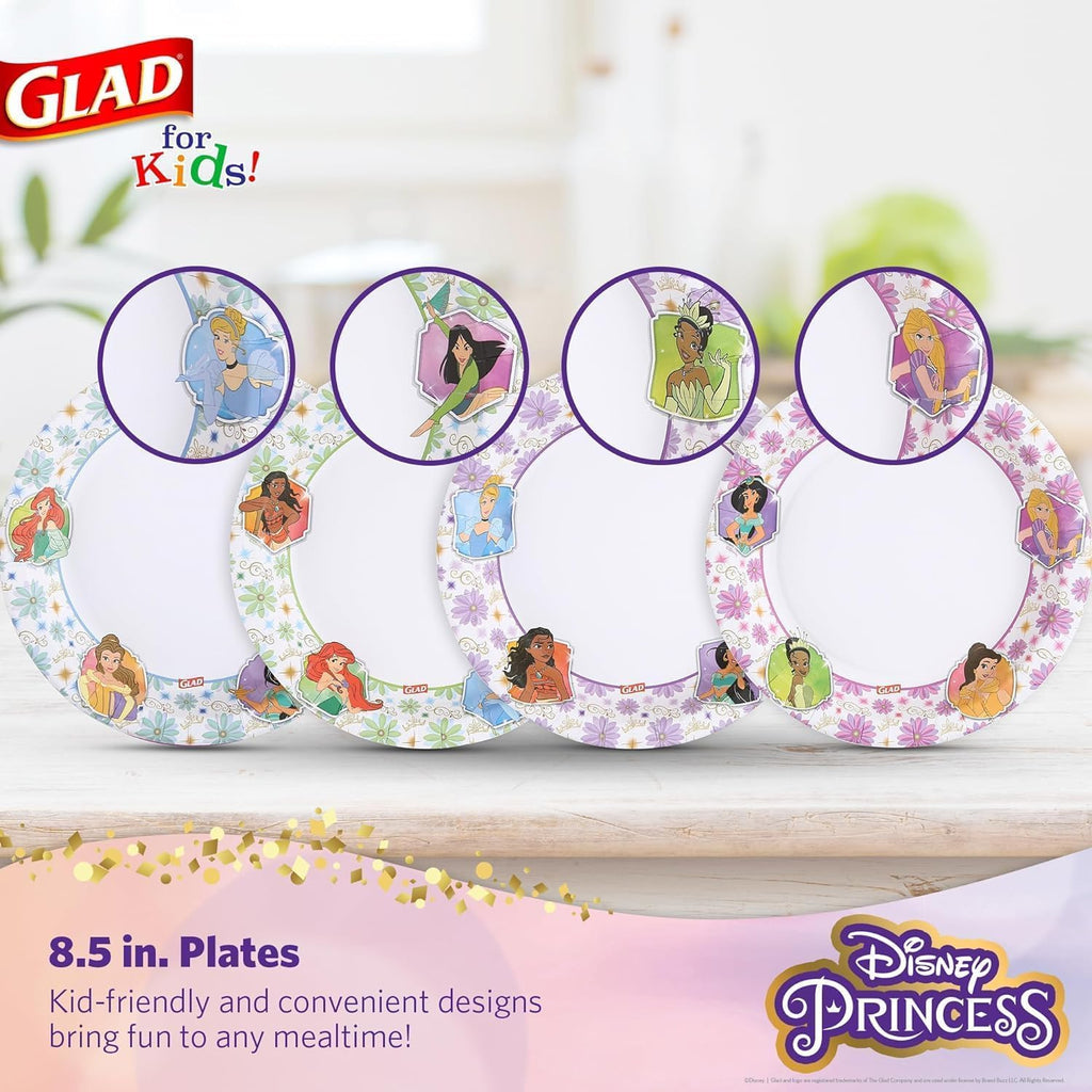 Glad Disney Princess Kids Paper Plates, Heavy Duty Soak Proof Microwavable Cut Resistant Disposable Dinner Snack Plates, 8.5 Inch, 40 Count, 8 Pack Multi-Pack