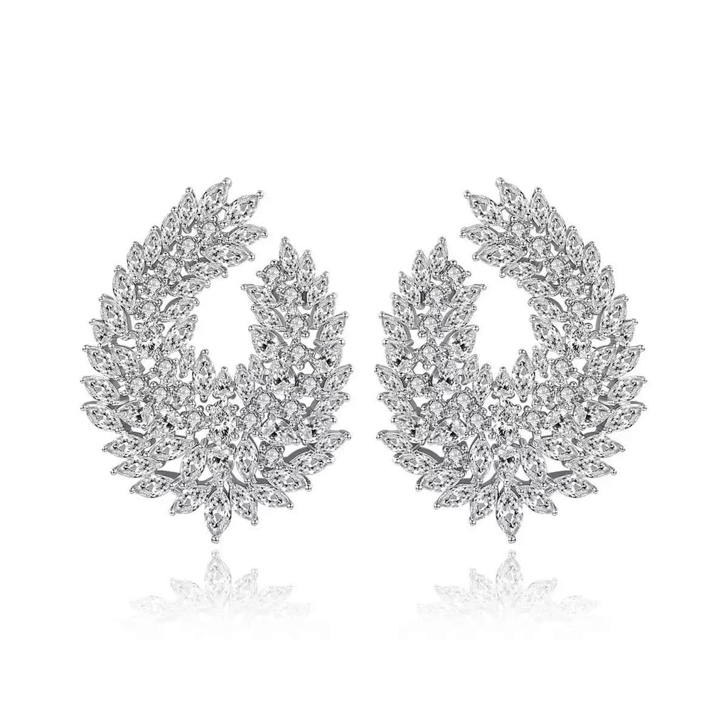 CWWZircons Luxury Cubic Zirconia Dangle Drop Big Earrings, Silver Plated, Clear Crystal Leaf Design, Wedding Bridal Party Statement Jewelry