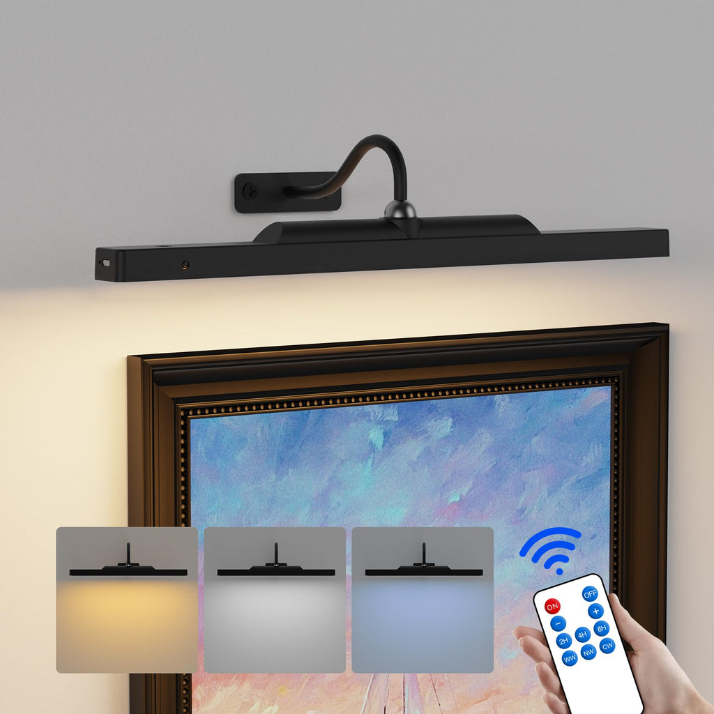 Craftersmark Dimmable Cordless Picture Light for Wall 16n, 5000mAh Rechargeable Battery Wall Sconce Art Light, CRI 95+ 350LM Wall Light for Gallery Artwork, Paintings, Photo, Portraits - Black