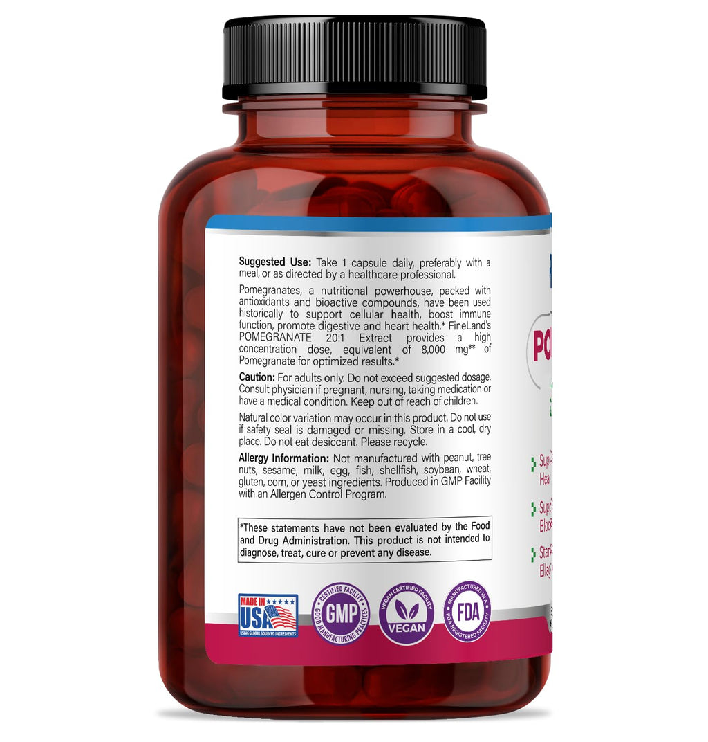 FineLand Pomegranate Extract 20:1, 40% Ellagic Acid Standardized, Antioxidant Supplement for Cellular & DNA Health, 120 Veg Capsules, 4-Month Supply