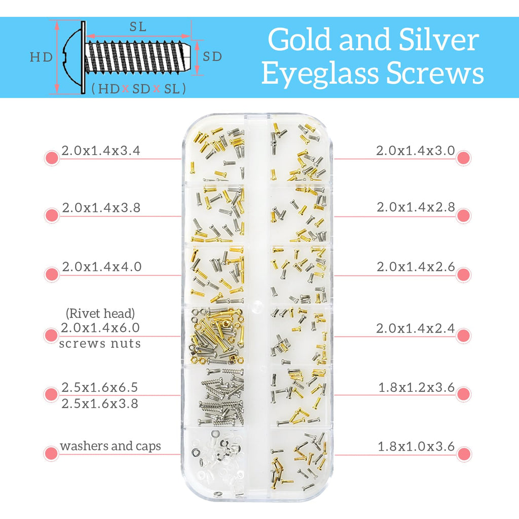 ESSSO Eye Glass Repairing Kit,Upgraded Eyeglass Repair Kit with Screws(Gold and Silver)，5-in-1 Eyeglass Screwdriver,Eyeglass Nose Pads,Eyeglass Ear Grips,Tweezer for Sunglasses,Eyeglass,Watch Repair