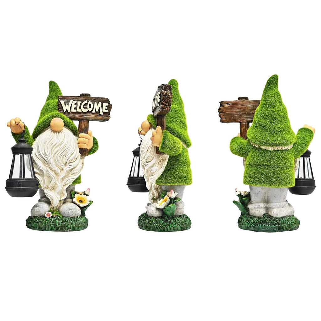 Meagkka Garden Gnome Statue Outdoor Decor Large Flocked Resin Gnome Figurine with Solar Light Holding Lantern Welcome Sign Garden Yard Decorations Dwarf Sculpture for Outside Patio Porch Lawn Decor.
