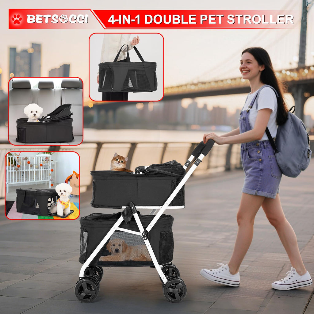 BETSOCCI Double Dog Stroller with 2 Detachable Carrier, Portable Pet Stroller for Small Dogs & Cats Folding Lightweight Puppy Travel Carriage, 4 Wheels, Black