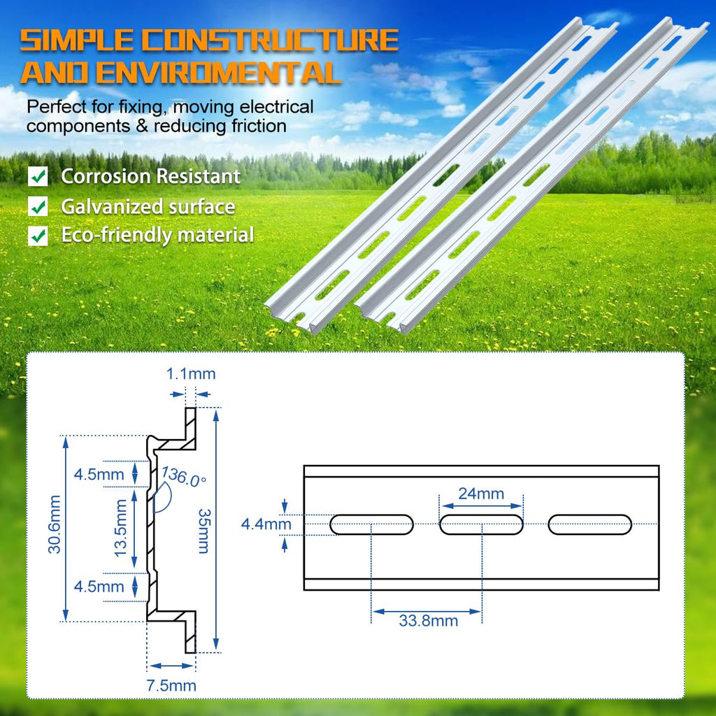 VAMRONE 10 Piece Aluminum DIN Rails, 12 Inches Long, 35mm Wide, 7.5mm High, Top Hat Slotted DIN Rail with RoHS, Extra Premium Screws Included for Hardware Components Mounting