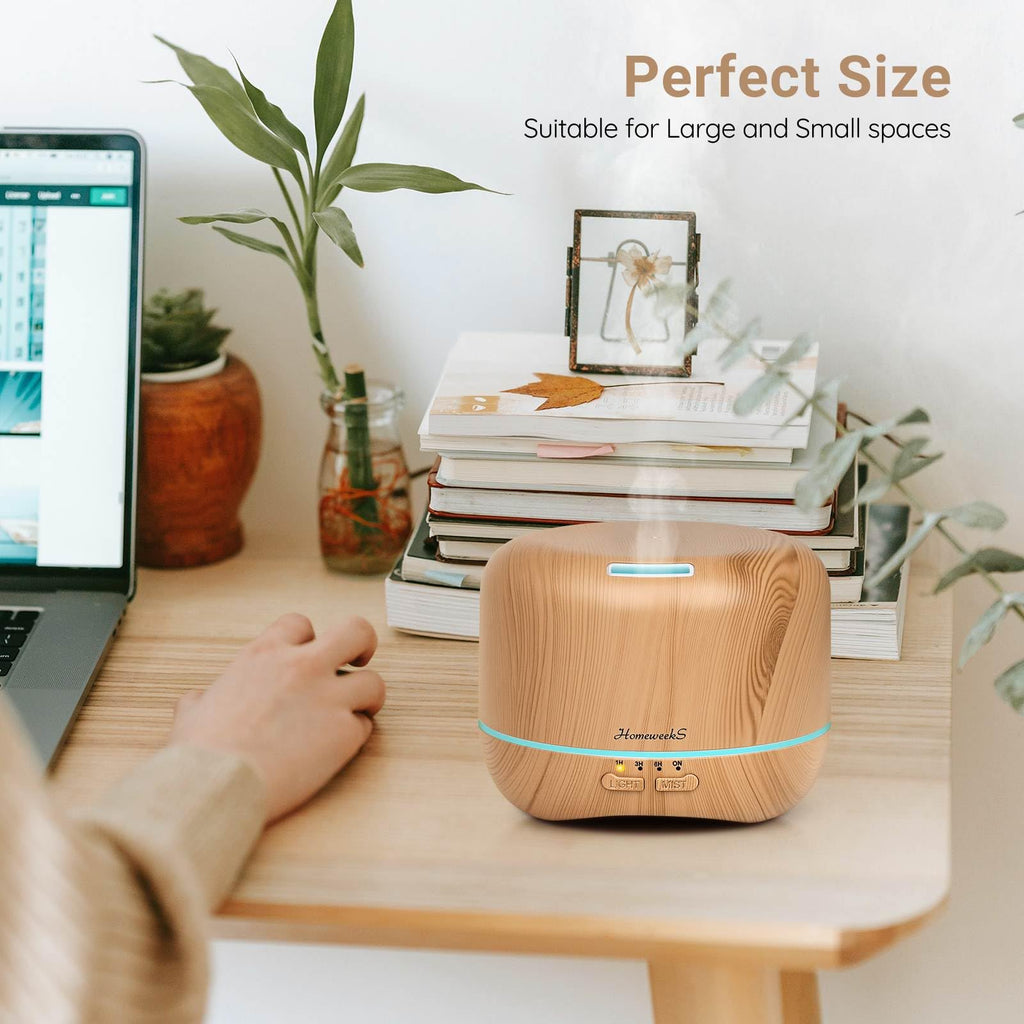 Homeweeks 300ml Essential Oil Diffuser, Quiet Aromatherapy Mist Diffusers for Essential Oils, Wood Grain, Ultrasonic, Remote Control, Timer, 7 Colors Light for Bedroom (300ml Yellow Wood Grain)