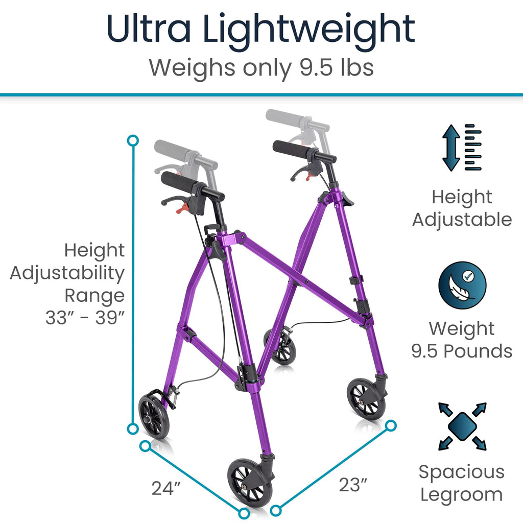 Vive Mobility Lightweight Walker for Seniors - Narrow, Folding Walker w/Wheels for Small & Tight Spaces - Light Weight for Balance, Compact Doorways, Foldable - Portable & Collapsible for Travel