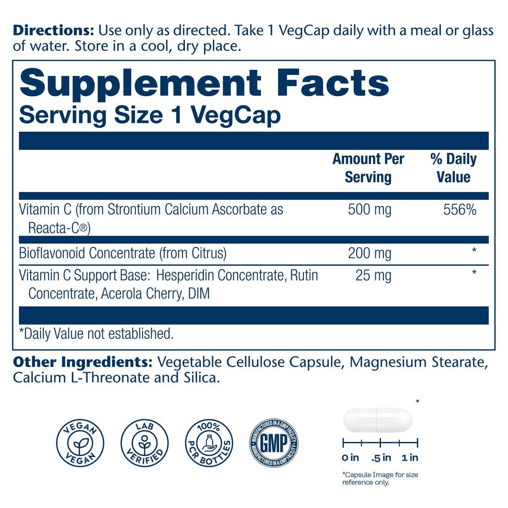 SOLARAY Reacta-C with 500mg Vitamin C, 200mg Bioflavonoid Concentrate, Immune System Defense Vitamins, Patented 24 Hour Immunity Booster Support Supplement, Vegan, 120 Capsules, 120 Servings.