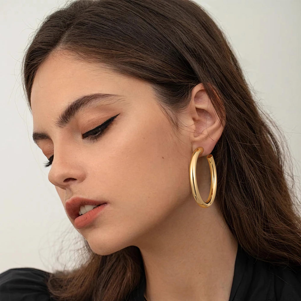 Gacimy Chunky Hoop Earrings for Women 14K Gold Plated, 925 Sterling Silver Post Hoops for Women, 50mm Yellow Color Big Earrings