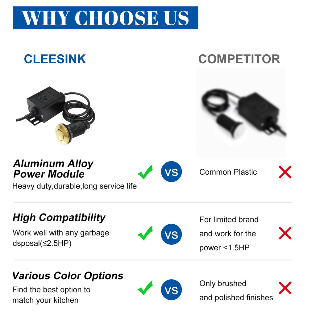 Sink Top Air Switch Kit Garbage Disposal Part by CLEESINK (LONG/3.5", Polished Gold)