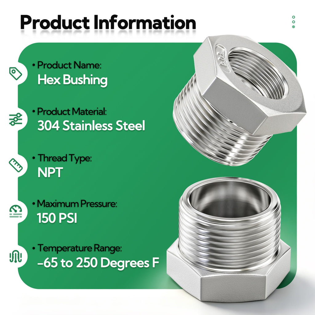 TAISHER 10PCS 304 Stainless Steel Reducer Hex Bushing, 1/2" NPT Male x 1/4" NPT Female, Reducing Pipe Adapter Fitting