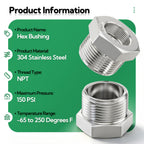 TAISHER 10PCS 304 Stainless Steel Reducer Hex Bushing, 1/2" NPT Male x 1/4" NPT Female, Reducing Pipe Adapter Fitting