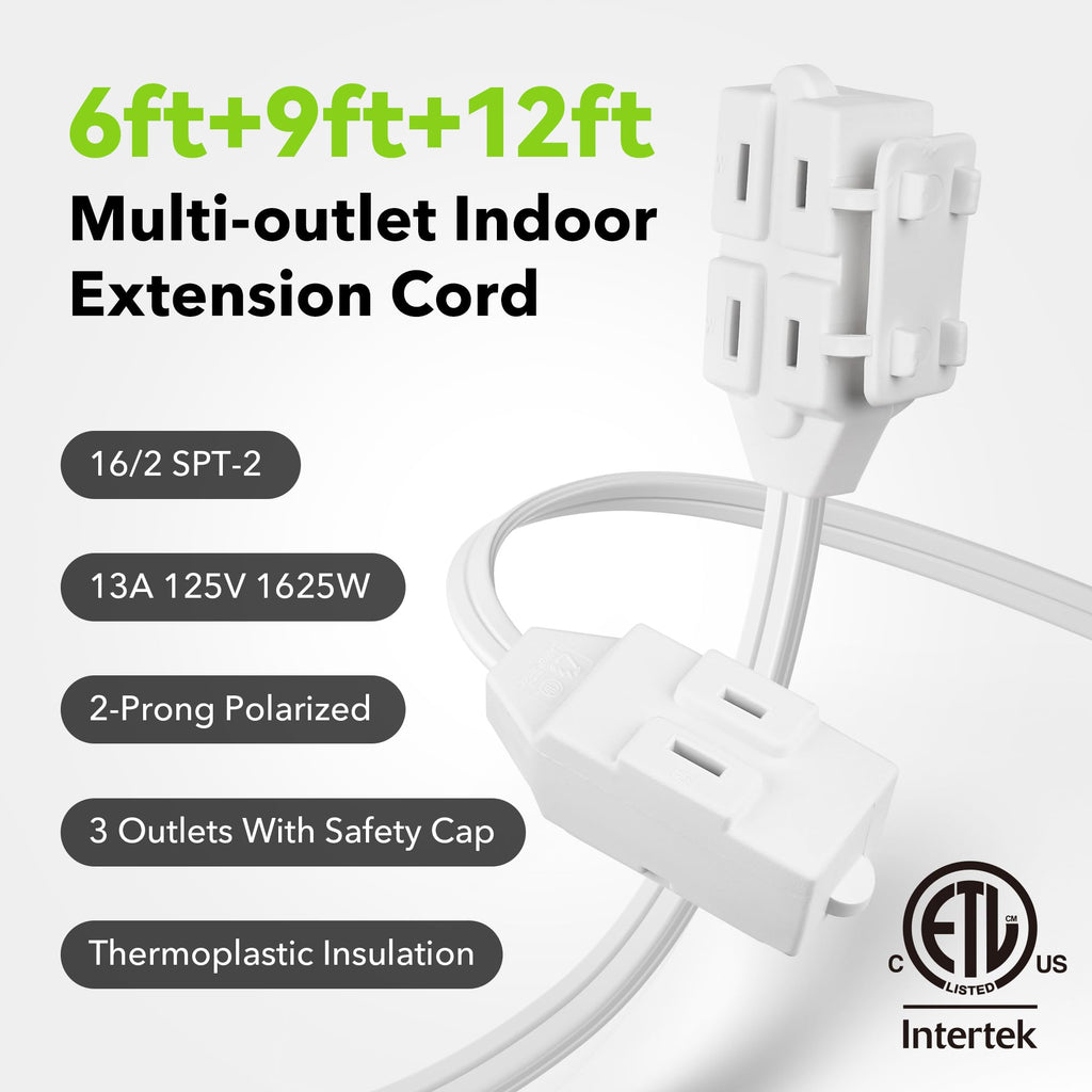 BN-LINK 3-Outlet Indoor Extension Cord, 6/9/12 ft Variety 3-Pack, 16/2 SPT-2, 2 Prong Polarized Plug, White Household Power Cord for Home, Office & Holiday Decorations