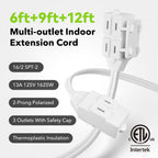 BN-LINK 3-Outlet Indoor Extension Cord, 6/9/12 ft Variety 3-Pack, 16/2 SPT-2, 2 Prong Polarized Plug, White Household Power Cord for Home, Office & Holiday Decorations