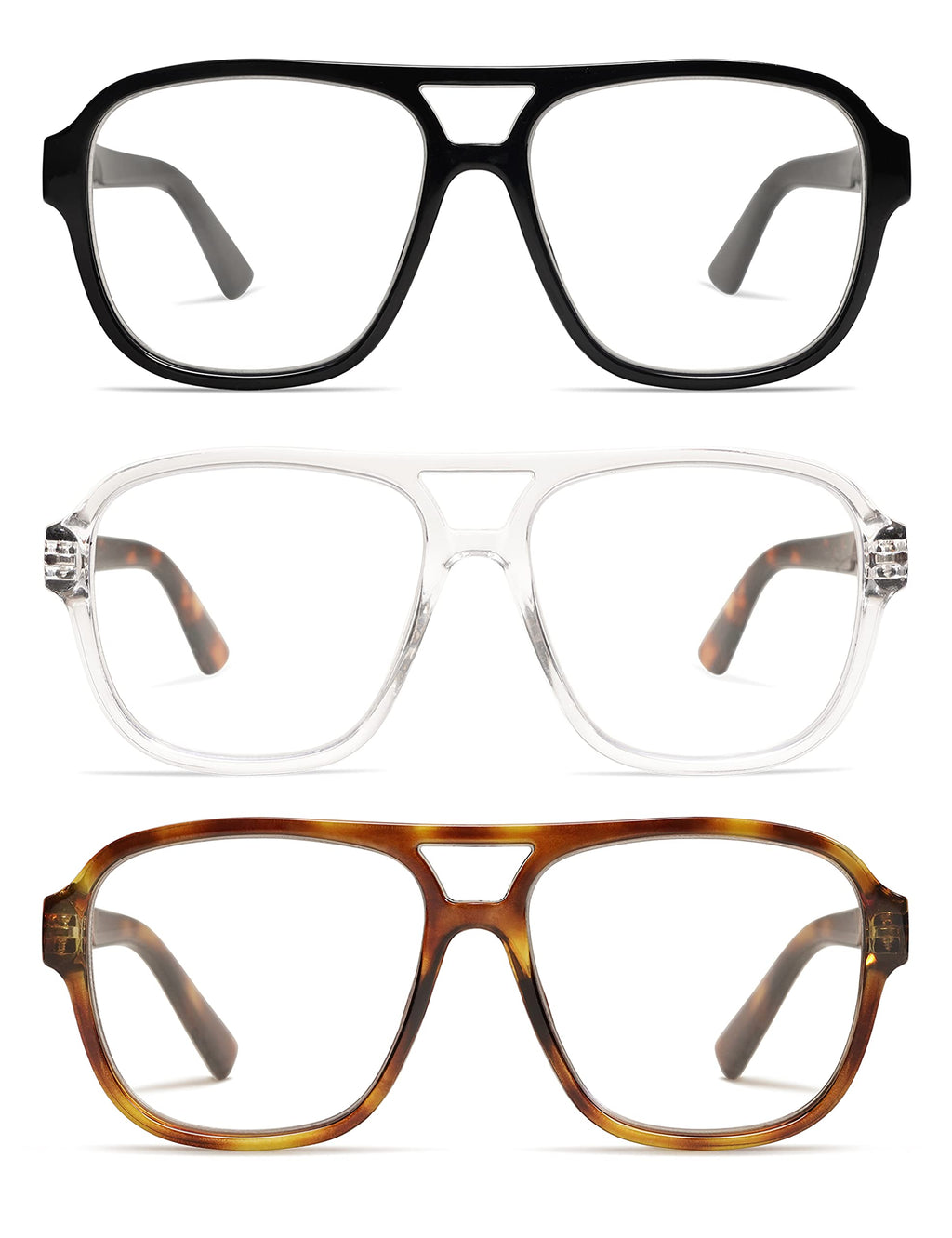 AMOMOMA 3 Pack Oversized Aviator Spring Hinge Reading Glasses for Women Men,Retro Blue Light Computer Reader Frame AM6081 C1+C2+C3 1.5X