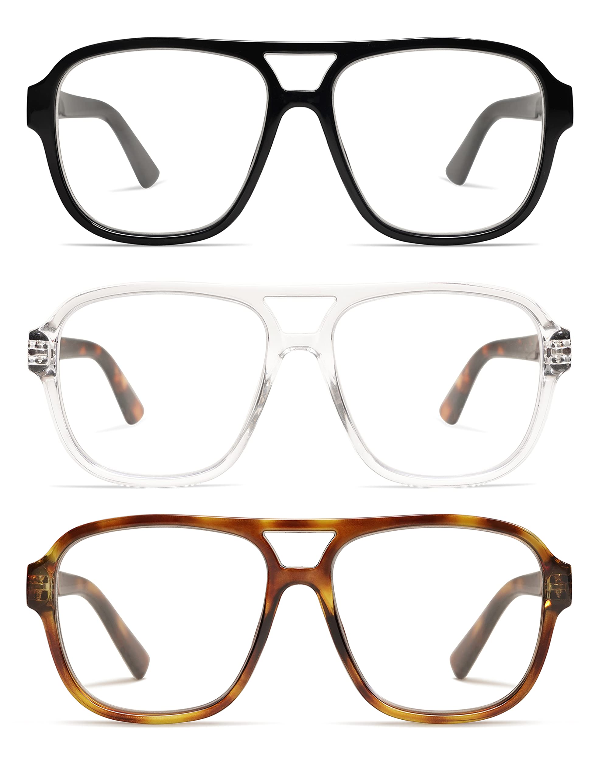 AMOMOMA 3 Pack Oversized Aviator Spring Hinge Reading Glasses for Women Men,Retro Blue Light Computer Reader Frame AM6081 C1+C2+C3 1.5X