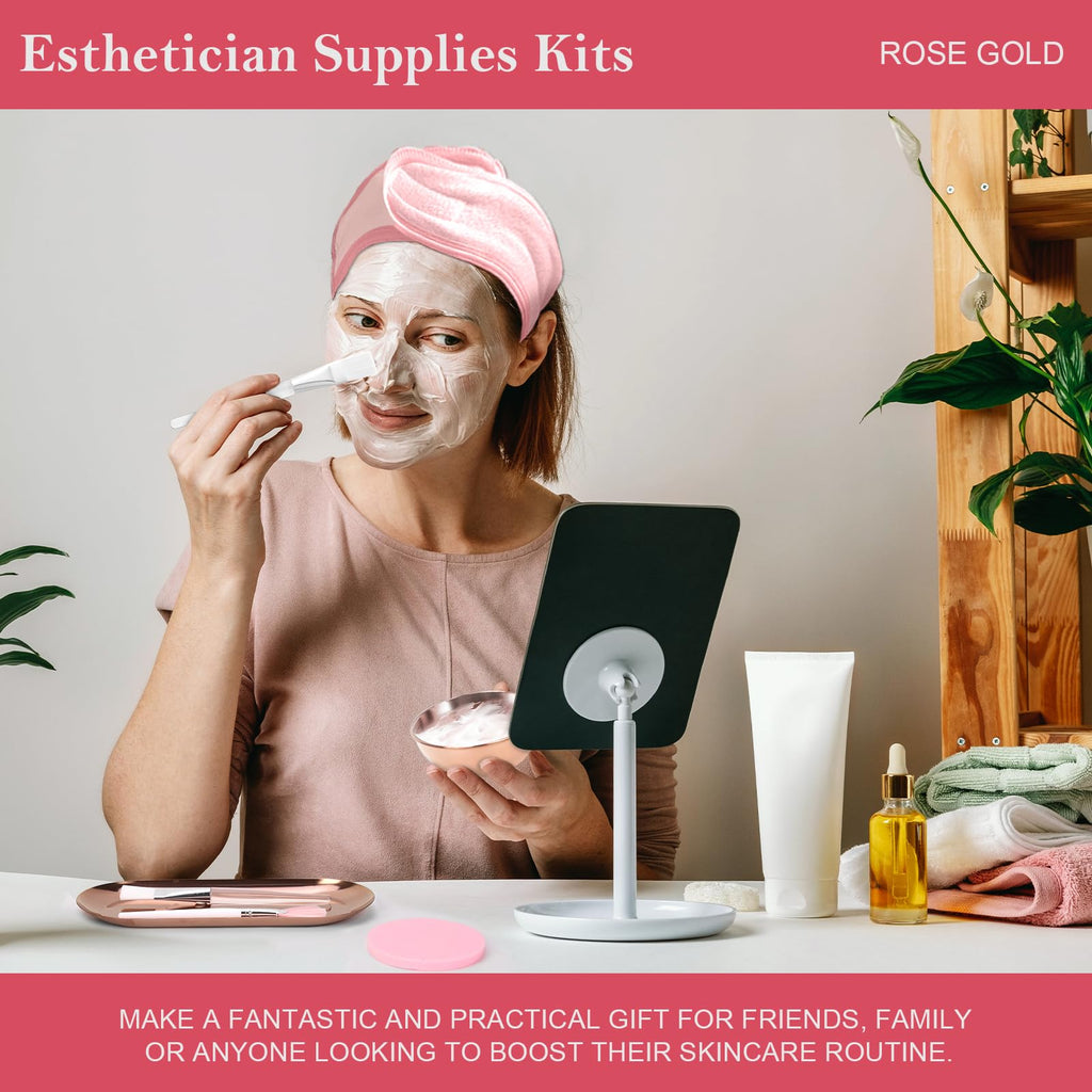 26 Rose Gold Esthetician Supplies Kits 3 Facial Bowls Large Spa Bowls 3 Fan Brushes Makeup 3 Face Mask Brushes Salon Tray 3 Section Skincare Tray 12 Face Sponge Compressed 2 Spa Headbands for Women