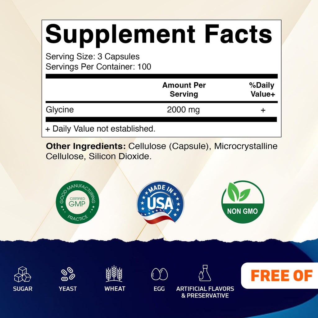 Vitamatic Glycine Supplement, 2000mg Per Serving, 300 Count, Non-GMO, Gluten Free- 2 Pack