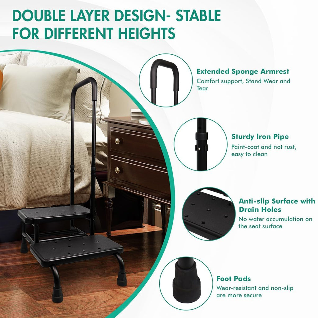 Gyykzz 2 Step Stool with Handle and Non-Slid Platform, Medical Step Stool with Adjustable Handrail for Adults, Seniors and Handicap, Heavy Duty Multifunctional Stepping Ladder Holds up to 400LBS
