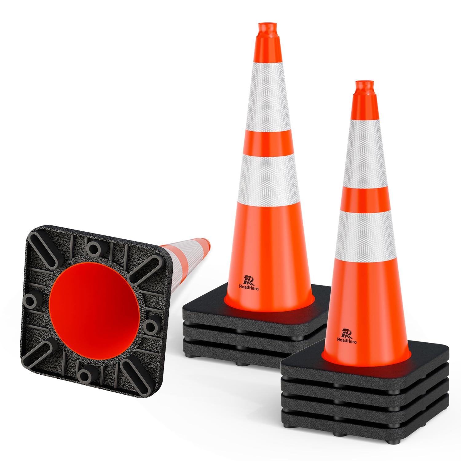 RoadHero 8 Pack 28 Inch 5.5 Lb Traffic Cones with Heavy Black Base, Orange Safety Cone with Reflective Collar for Parking Lot, Construction Work, Road Safety