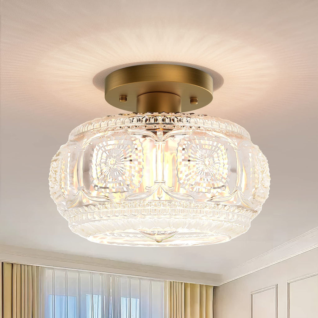 OYKYOHEI Semi Flush Mount Ceiling Light, Globe Glass Ceiling Light Fixture, Gold Modern Lighting for Hallway Porch Corridor Kitchen Bedroom, Bulb Not Included