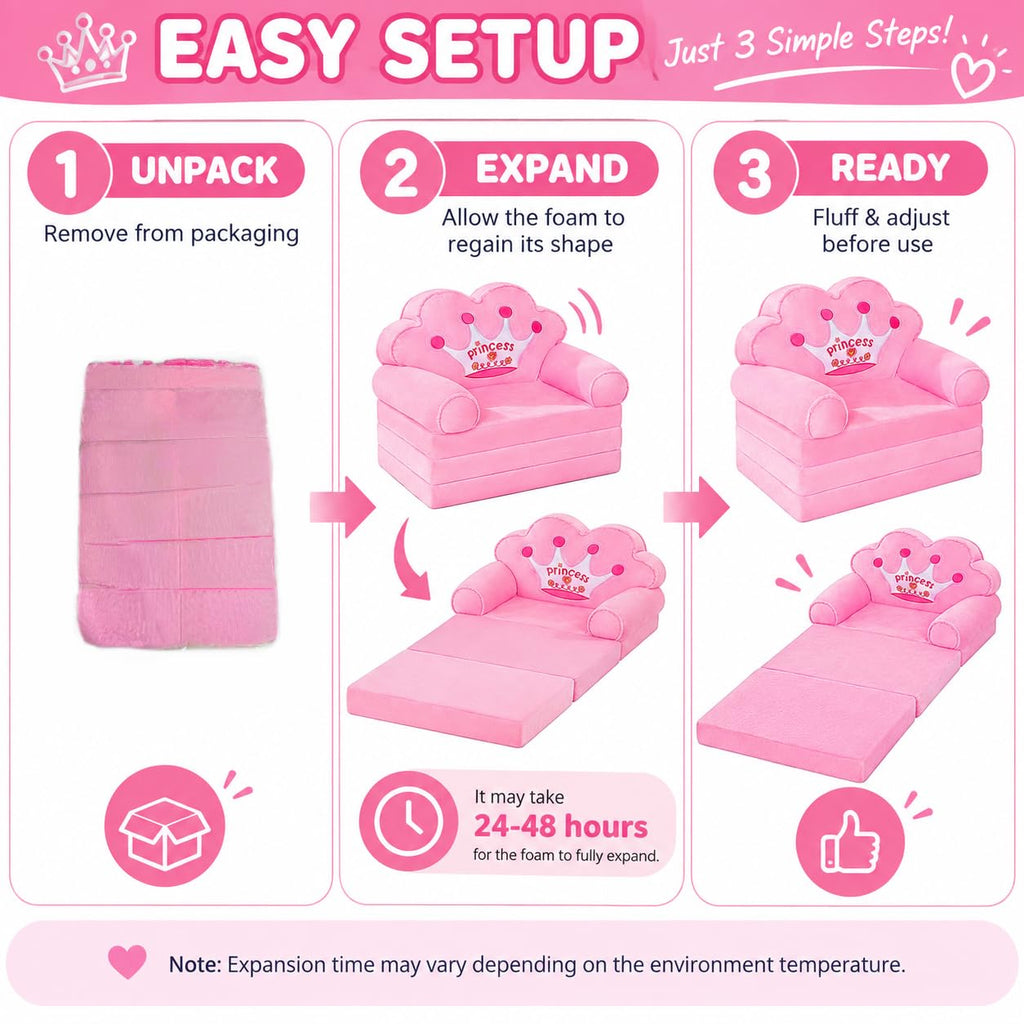 MOONBEEKI Kids Couch Fold Out, Foldable Princess Chair for Toddlers, Pink