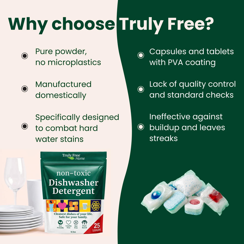 Truly Free Dishwasher Detergent Powder | Natural Dish Detergent, Dishwasher Soap | Plastic Free, Plant-Based, Clean, Heavy Duty Hard Water Stain & Grease Remover | Fragrance Free | 12.5 oz (Pack of 3)