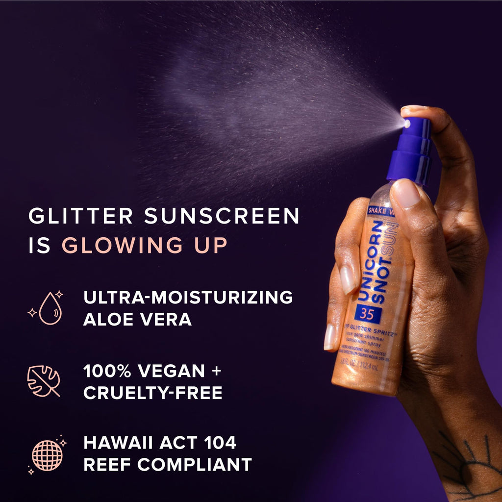 Unicorn Snot Glitter Sunscreen Spritz - SPF 35 Shimmering, Lightweight Spray Sunscreen for Face & Body Glow - UVA/UVB Protection - Water Resistant, Unscented - Made in USA -Rose Gold Shimmer