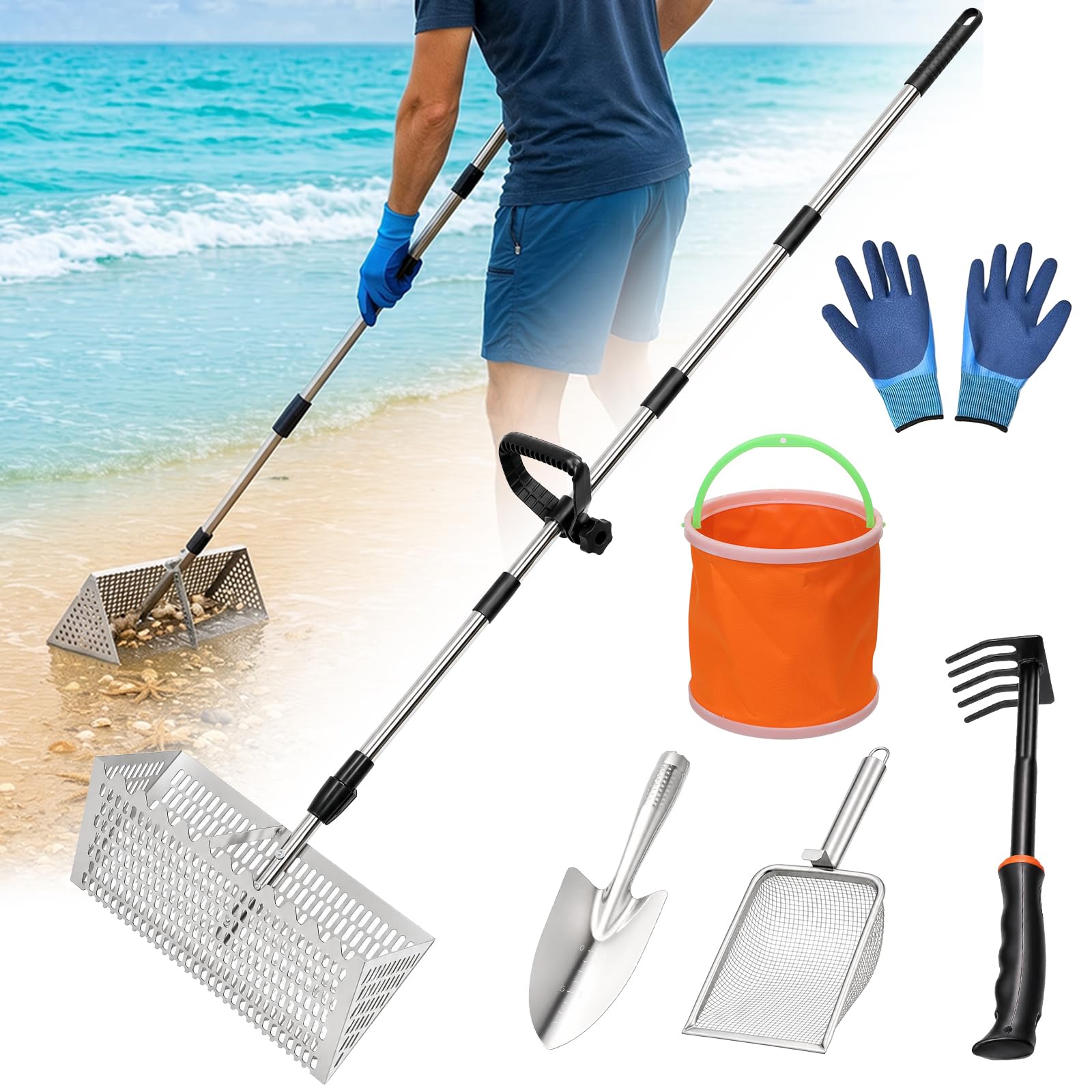 5 in 1 Sand Flea Rake for Beach, Collecting Shark Tooth Sand Fleas Shells