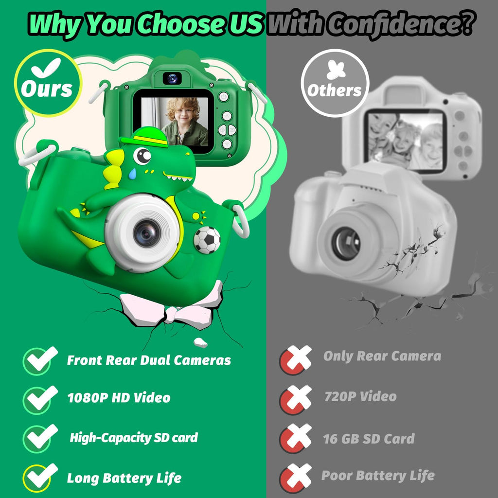 Dinosaur Kids Camera for Boys Girls, Toddler Digital Selfie Camera with Cute Protective Cover and SD Card, Christmas Birthday Gifts Toys for 3 4 5 6 7 8 9 10 11 12 Years Old Little Girls and Boys