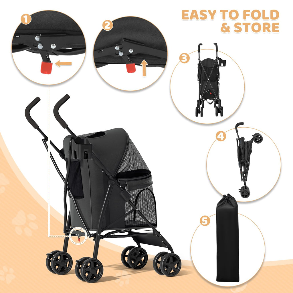 Magshion Compact Pet Stroller for Small-Medium Dogs/Cats up to 22lbs, 4-Wheel Lightweight Umbrella Shaped Portable Puppy Travel Jogger with Breathable Mesh, Cup Holder & Rear Storage, Leopard Print
