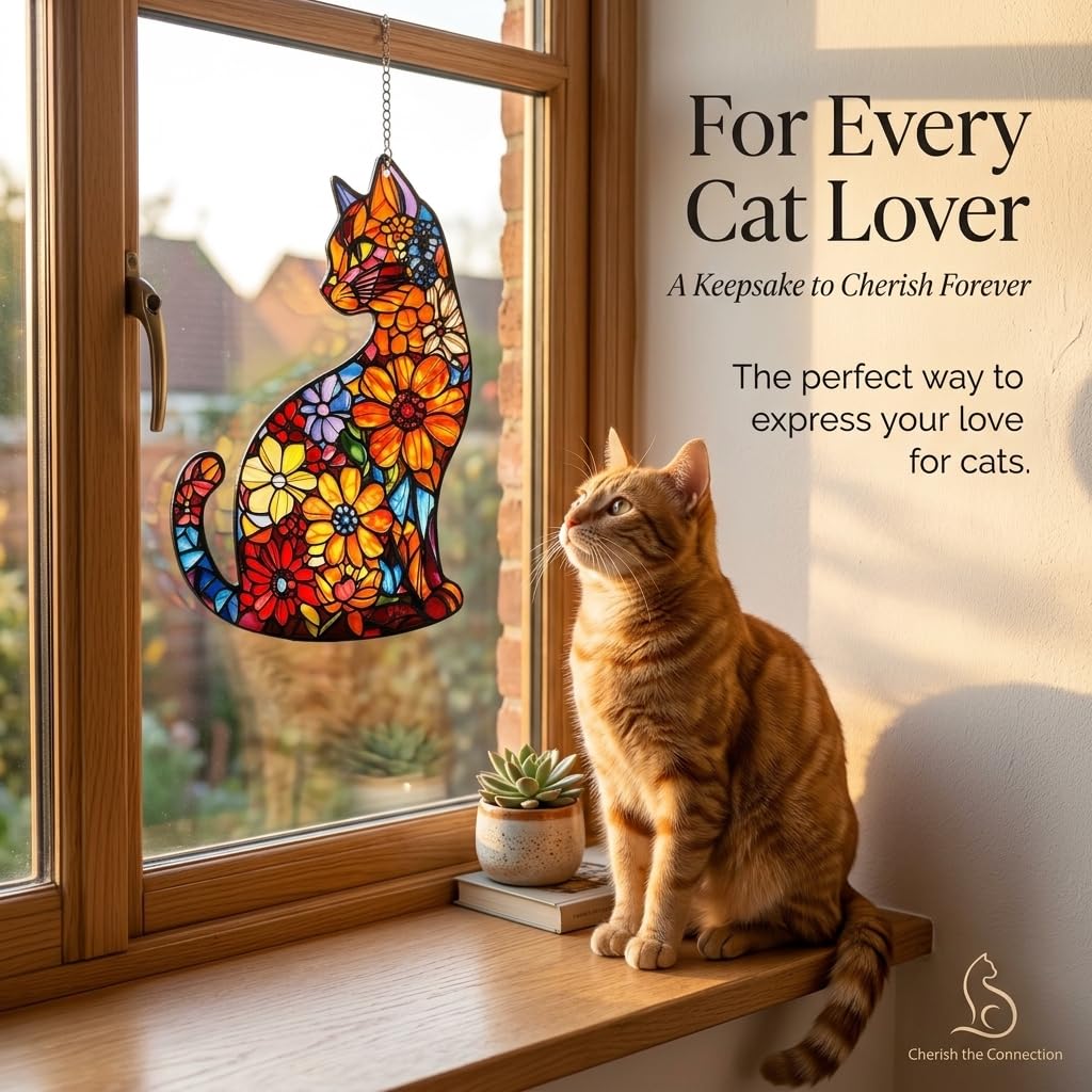 Cat Stained Glass Window Hanging Ornament Gift for Cat Lovers Mom 8 Inch