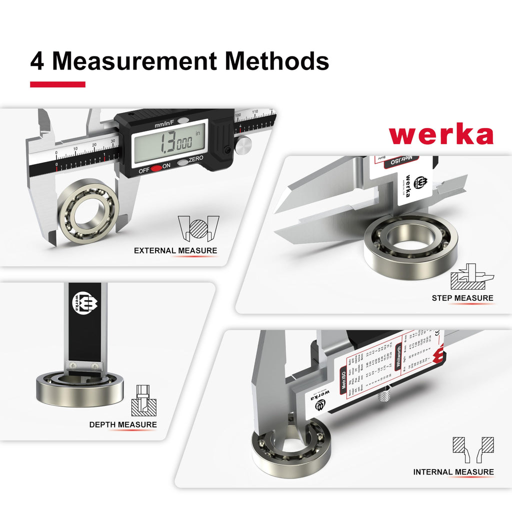 werka Digital Caliper, Calipers Measuring Tool, Auto-Off Micrometer Caliper with 0.001”High-Accuracy,Inch/Fraction/Millimeter Conversions Button,4 Measuring Ways, Stainless Steel (8 Inch)