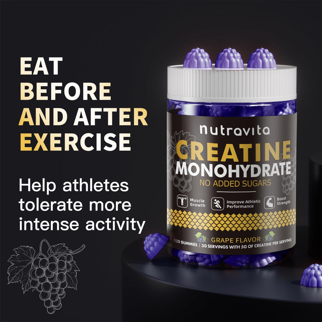 Nutravita Creatine Monohydrate Gummies for Men & Women-5g of Creatine Monohydrate per Serving - Sugar Free,Vegan, Grapes Flavor, 120 Count