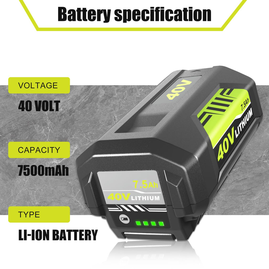 7500mAh Replacement for Ryobi 40 Volt Battery Lithium ion Compatible with Ryobi 40V Battery 7.5Ah OP4075A OP40602 OP40401 OP4026 OP40261 OP4050 OP40601 OP4030 Power Cordless Tools 2 Pack (Green)