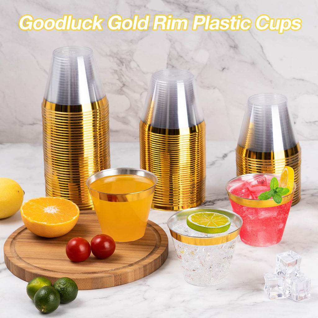 Goodluck 100PCS 9oz Gold Plastic Cups for Party, Disposable Gold Rim Cups